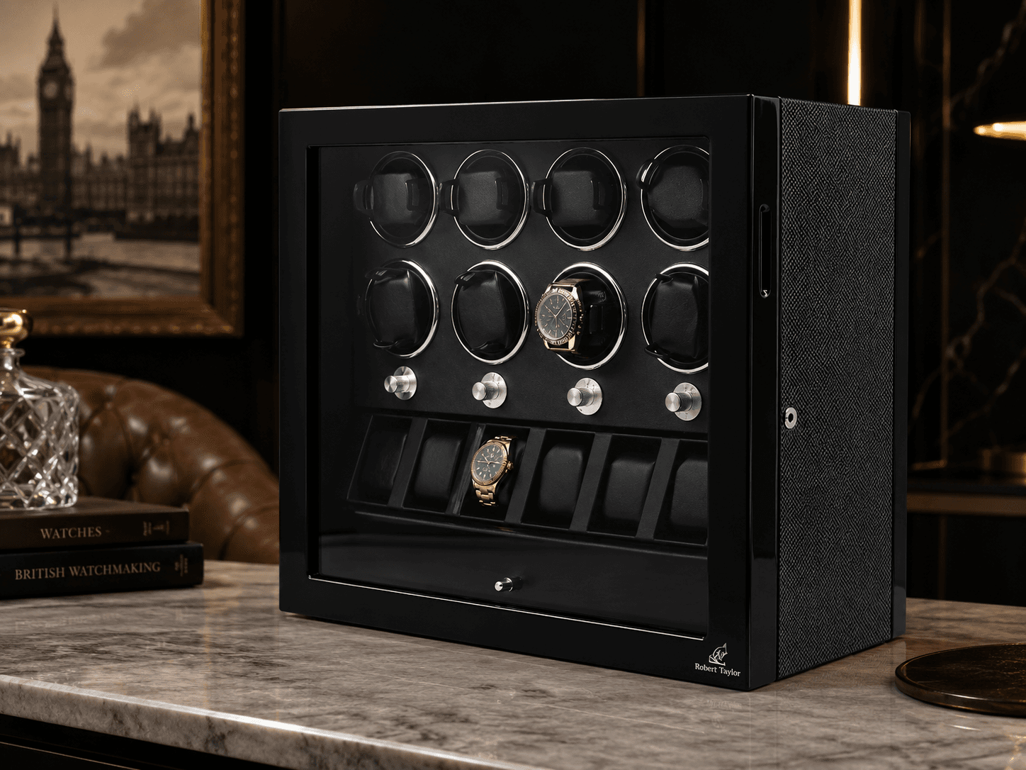 Robert Taylor Ascot eight-module watch winder in carbon and black with a storage drawer.