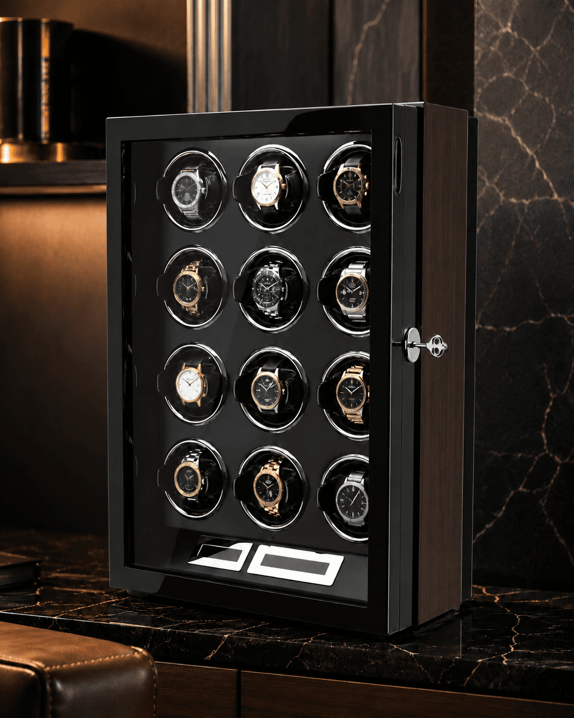 Robert Taylor Belgravia twelve-module watch winder cabinet in wood with a key-locked glass front.