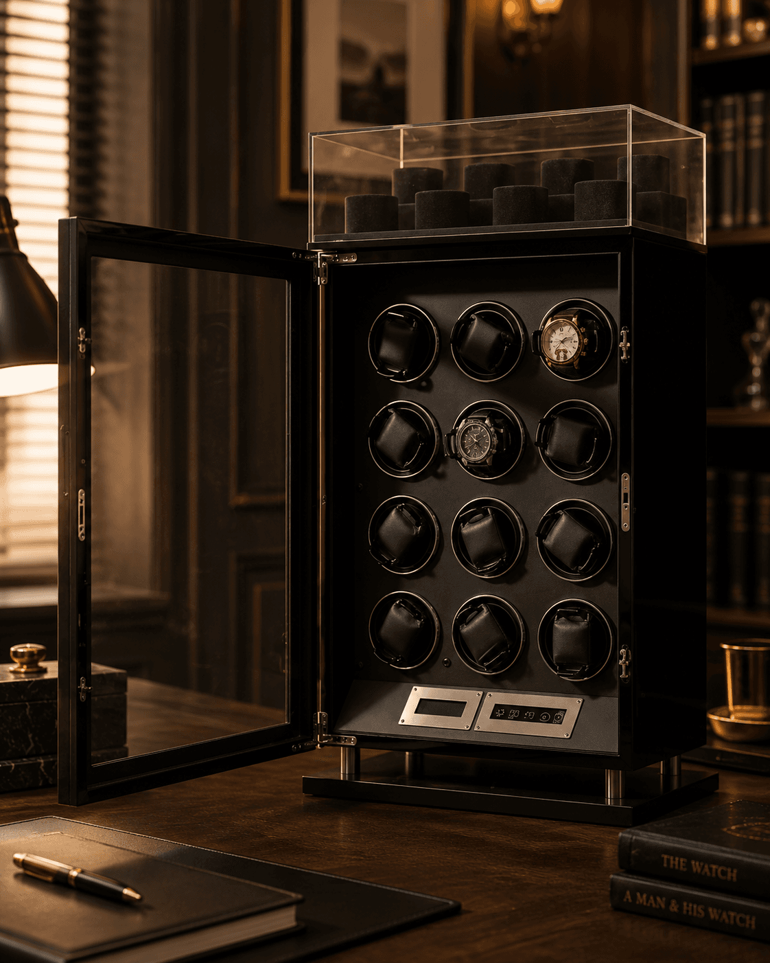 Robert Taylor Mayfair twelve-module watch winder cabinet in black with plexiglass storage bays.
