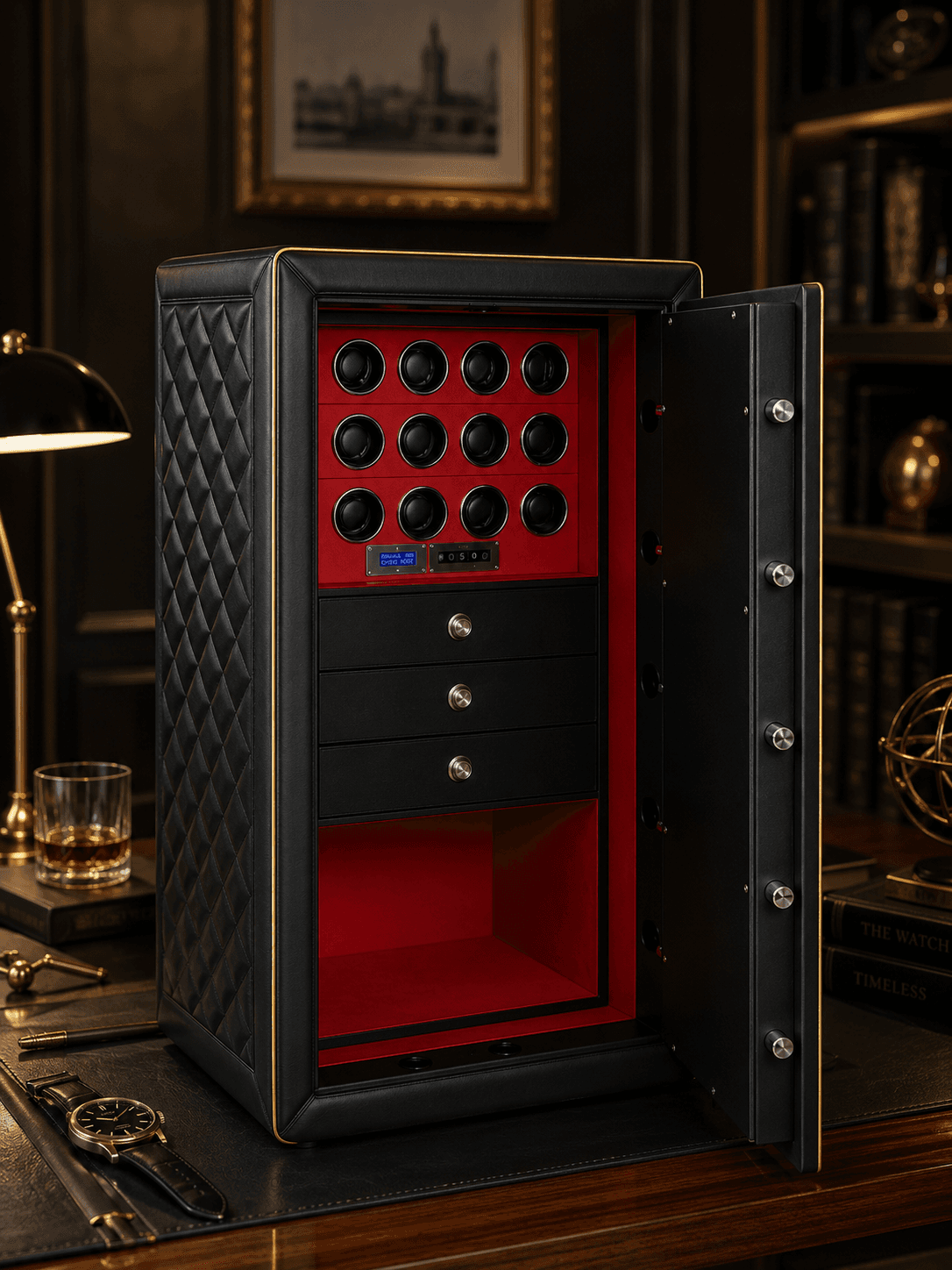 Robert Taylor Baron watch winder safe in black steel with an electronic keypad and lined drawers.