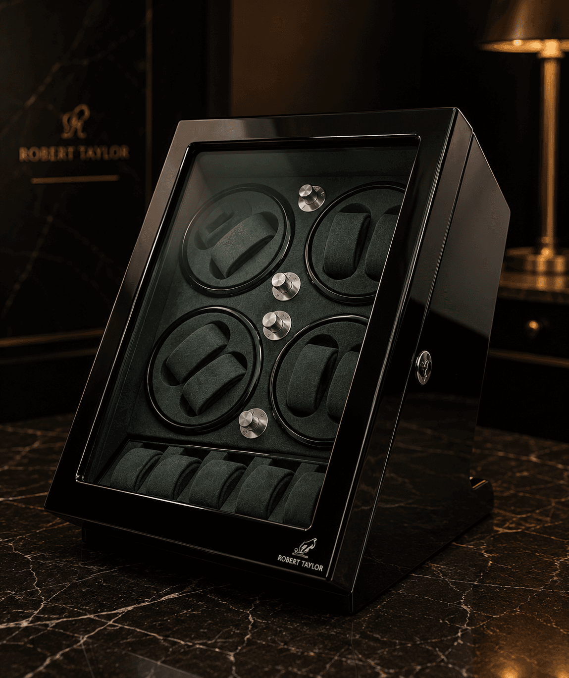 Robert Taylor Brooklands eight-module watch winder in piano black with racing green alcantara interior.
