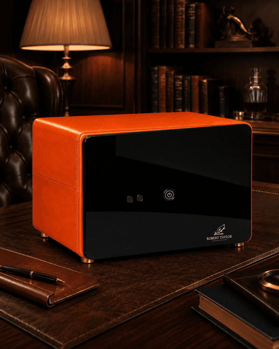 Robert Taylor Chelsea eight-module watch winder safe in black steel with an orange accent and glass front.
