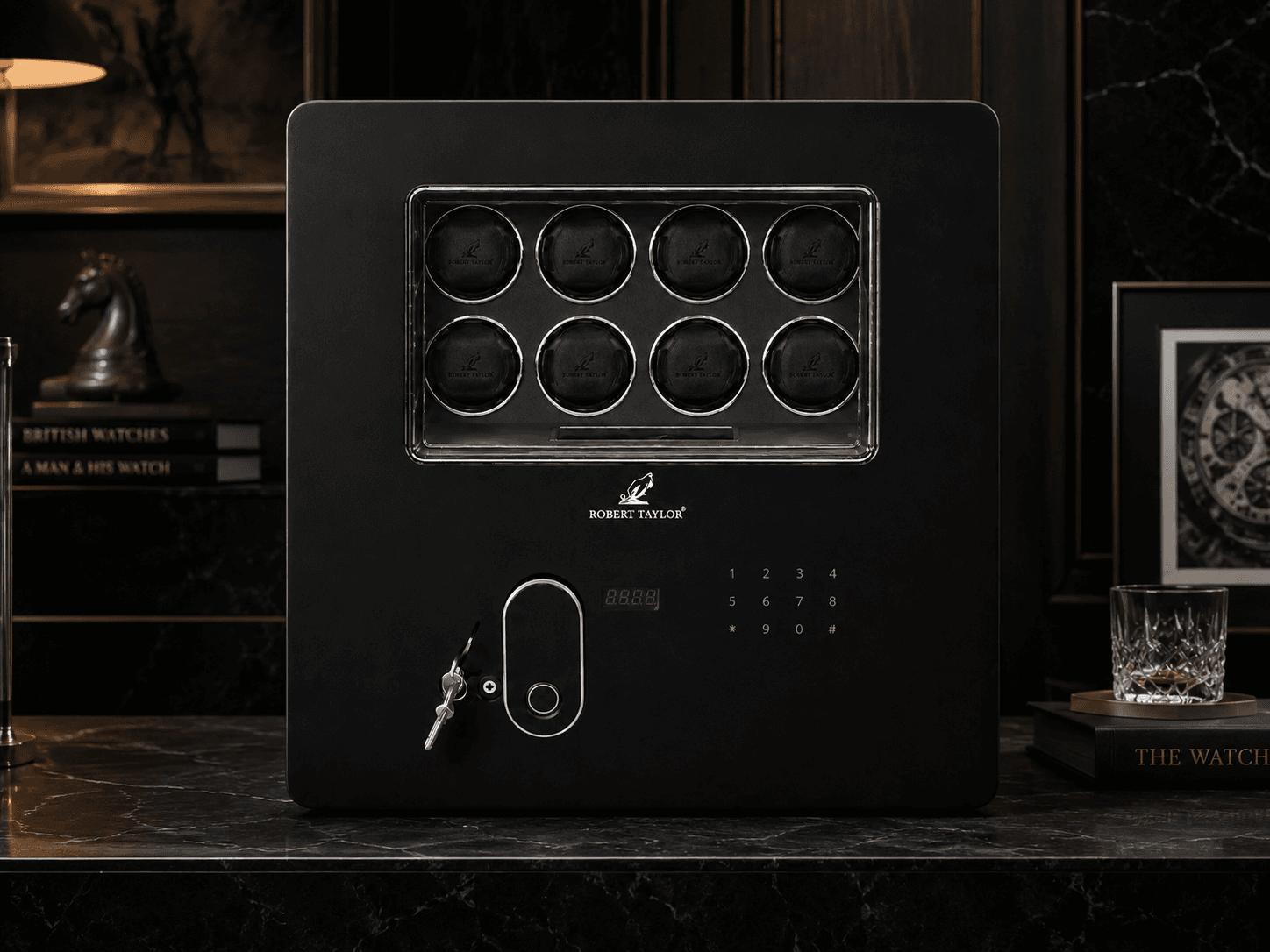 Robert Taylor Signature Edition twelve-module watch winder in a fireproof black steel safe with keypad and biometric lock.
