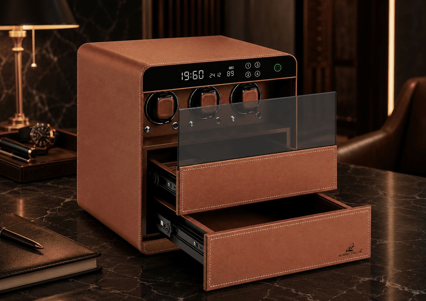 Robert Taylor Suite three-module watch winder in cognac leather with a digital display and pull-out drawers.